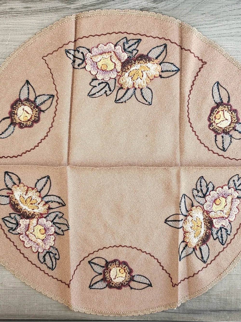 Vintage Punch Needle Embroidered Table Mat / Doily Warm Earth Tones